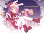  1girl animal_ears bell blush boots bunny_tail christmas crescent_hair_ornament hair_ornament hat irigoma_(jikabi_baisen) kantai_collection long_hair open_mouth pantyhose pink_hair rabbit_ears red_eyes santa_costume santa_hat smile solo tail uzuki_(kantai_collection) white_legwear 