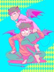  2boys :3 argyle argyle_background brothers brown_hair carrying_over_shoulder demon_tail demon_wings hand_on_thigh hoodie index_finger_raised indian_style looking_at_viewer matsuno_osomatsu matsuno_todomatsu multiple_boys osomatsu-kun osomatsu-san short_hair siblings sitting smile tail wings 