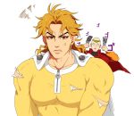  anger_vein bald birthmark blonde_hair cape collarbone cosplay costume_switch crossover dio_brando dio_brando_(cosplay) earrings headband jewelry jojo_no_kimyou_na_bouken knife muscle onepunch_man red_eyes saitama_(onepunch_man) saitama_(onepunch_man)_(cosplay) tariah_furlow torn_clothes 