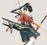  1girl airplane biplane black_hair bow_(weapon) hakama houshou_(kantai_collection) japanese_clothes kantai_collection kimono long_hair matsutani ponytail quiver smile solo tasuki weapon 