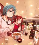  2girls alternate_costume bangs blue_eyes blue_hair blush bowl brick_wall building casual ceiling ceiling_light chain chopsticks cross cross-laced_clothes cup drinking_glass egg family_mart food food_request glass hair_ornament hands_together holding hooded_jacket indoors long_hair long_sleeves mahou_shoujo_madoka_magica menu miki_sayaka multiple_girls night noodles parted_bangs ponytail poster_(object) red_eyes redhead reflection restaurant ryuunosuke_(luckyneco) sakura_kyouko sauce short_hair striped sweatdrop tray 