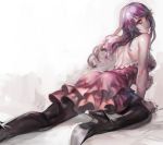  1girl aoin bare_shoulders borrowed_character breasts dress from_behind high_heels highres lips looking_back original purple_hair sketch solo violet_eyes 