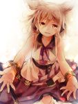  1girl blonde_hair bracelet brown_eyes brown_hair dress earmuffs jewelry looking_at_viewer makuwauri open_mouth pointy_hair shirt short_hair skirt sleeveless sleeveless_shirt smile solo touhou toyosatomimi_no_miko 