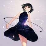  1girl achiki bare_shoulders brown_hair galaxy gradient gradient_background lavender_eyes lens_flare looking_at_viewer original simple_background skirt solo space_print star 