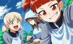  3girls aki_(girls_und_panzer) blonde_hair blue_eyes brown_eyes brown_hair close-up clouds cloudy_sky dutch_angle face girls_und_panzer grin hair_ribbon hat instrument jersey looking_at_viewer mika_(girls_und_panzer) mikko_(girls_und_panzer) multiple_girls one_eye_closed outdoors ribbon self_shot short_twintails sitting sky smile solo twintails uniform violin zimu 