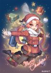  1girl hat kennymoney long_hair merry_christmas orange_eyes orange_hair original santa_costume santa_hat solo twintails 