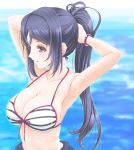  1girl adjusting_hair arms_behind_head arms_up bangs bikini_top blue_background blush bracelet breasts cleavage closed_mouth collarbone dripping frapowa jewelry long_hair looking_away love_live!_school_idol_project love_live!_sunshine!! matsuura_kanan ocean ponytail purple_hair sideboob smile solo striped tying_hair upper_body very_long_hair violet_eyes wet_hair 