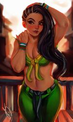  1girl arm_up asymmetrical_hair belt black_hair bracelet breasts brown_eyes cleavage cornrows cowboy_shot crop_top curvy dark_skin eyelashes eyeshadow front-tie_top hand_in_hair highres jewelry laura_matsuda lips long_hair makeup midriff navel orion-m pants smile solo street_fighter street_fighter_v wavy_hair 