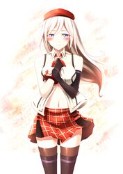  1girl alisa_ilinichina_amiella aoi_usagi black_gloves black_legwear blue_eyes crying crying_with_eyes_open fingerless_gloves gloves god_eater god_eater_2:_rage_burst hat long_hair navel open_clothes open_shirt pleated_skirt red_skirt shirt silver_hair skirt smile solo tears thigh-highs 