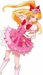 1girl asahina_mirai blonde_hair boots bow brooch cure_miracle duke778 dutch_angle frills full_body gloves hair_bow half_updo hat jewelry knee_boots long_hair magical_girl mahou_girls_precure! mini_hat pink_bow pink_eyes pink_skirt ponytail precure puffy_sleeves red_bow skirt solo standing white_background white_boots white_gloves 