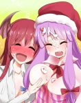  2girls blush breast_grab breasts cleavage closed_eyes collarbone demon_girl demon_tail dress fang food food_on_body food_on_face hair_ribbon hat head_wings highres koakuma large_breasts long_hair long_sleeves multiple_girls open_clothes open_mouth open_shirt patchouli_knowledge purple_hair redhead ribbon santa_hat shirt smile striped striped_dress tail takorice textless touhou tress_ribbon upper_body very_long_hair yuri 