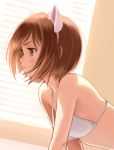  1girl animal_ears bikini blush brown_hair cat_ears fake_animal_ears green_eyes hairband idolmaster idolmaster_cinderella_girls indoors leaning_forward maekawa_miku nekopuchi short_hair solo strap_gap swimsuit white_bikini white_swimsuit 