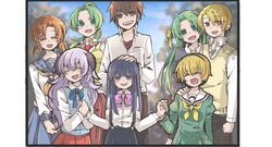  2boys 6+girls blonde_hair blue_hair blush brown_hair dated fang frame furude_rika green_eyes green_hair hair_ribbon hairband hand_on_head hand_on_shoulder hanyuu higurashi_no_naku_koro_ni holding_hands horns houjou_satoko houjou_satoshi long_hair looking_at_viewer maebara_keiichi multiple_boys multiple_girls open_mouth orange_hair outdoors ponytail purple_hair red_eyes ribbon ryuuguu_rena school_uniform short_hair siraiyuuhi skirt smile sonozaki_mion sonozaki_shion tagme teeth tree violet_eyes 