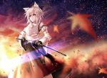  1girl animal_ears autumn_leaves breasts detached_sleeves hat inubashiri_momiji leaf looking_away partly_fingerless_gloves pom_pom_(clothes) red_eyes ribbon-trimmed_sleeves ribbon_trim short_hair silver_hair skirt solo sword tokin_hat touhou weapon weapon_bag wolf_ears 