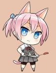  1girl animal_ears bike_shorts blouse blue_eyes buttons cat_ears cat_tail chibi commentary gloves hair_ornament hand_on_hip highres kantai_collection looking_at_viewer pink_hair ponytail school_uniform serafuku shiranui_(kantai_collection) short_hair short_sleeves shorts_under_skirt simple_background skirt soba_(sobaya1938) solo standing tail uniform vest white_gloves 