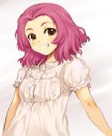  1girl blouse blush colored_pencil_(medium) commentary girls_und_panzer grin highres looking_at_viewer pink_shirt red_eyes redhead rosehip sakaki_imasato shirt short_hair sketch smile solo traditional_media upper_body 