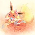  blue_eyes doodle flareon fur kurimomo_(kaiko825) looking_at_viewer lying mouth_hold no_humans on_side pokemon pokemon_(creature) ribbon smile tail translation_request 