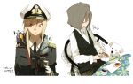  binoculars blonde_hair bread breakfast casual coffee dog dress_shirt epaulettes failure_penguin food hat hms_conqueror_(siirakannu) hms_thunderer_(siirakannu) kantai_collection looking_away military military_uniform miss_cloud necktie original peaked_cap shirt short_hair siirakannu uniform vest 