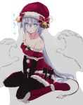  1girl aqua_eyes atelier_(series) atelier_sophie bare_shoulders bell black_gloves black_legwear boots breasts cleavage commentary_request elbow_gloves gloves hat long_hair maromi_(am97) ominous_shadow plachta pov pov_hands puffy_short_sleeves puffy_sleeves santa_boots santa_costume santa_hat short_sleeves solo thigh-highs very_long_hair zettai_ryouiki 