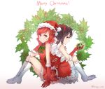  2girls back-to-back black_hair boots bow christmas christmas_wreath dress elbow_gloves gift gloves hair_bow hat head_rest highres holly hyugo knee_boots looking_at_viewer love_live!_school_idol_project merry_christmas multiple_girls nishikino_maki red_dress red_eyes red_gloves redhead santa_hat sitting smile twintails twitter_username violet_eyes white_boots yazawa_nico 