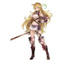  1girl belt blonde_hair boots granblue_fantasy long_hair midriff milla_maxwell minaba_hideo navel official_art red_eyes skirt smile solo sword tales_of_(series) tales_of_xillia transparent_background weapon 