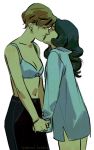  2girls bishoujo_senshi_sailor_moon blonde_hair bra bracelet closed_eyes earrings green_hair holding_hands jewelry kaiou_michiru kiss maren_marmulla multiple_girls navel no_pants no_shirt short_hair ten&#039;ou_haruka underwear yuri 