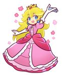  1girl arm_up blonde_hair blue_eyes crown dress earrings elbow_gloves flower fukumitsu_(kirarirorustar) gloves jewelry long_hair super_mario_bros. pink_dress princess_peach puyopuyo smile solo super_mario_bros. 