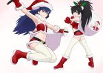  black_hair blue_eyes blue_hair boots brown_eyes fallout ganaha_hibiki hat idolmaster jumping kisaragi_chihaya long_hair looking_at_viewer midriff mittens multiple_girls navel open_mouth ponytail sack santa_costume santa_hat sword thigh-highs vault_boy wata_do_chinkuru weapon white_legwear 