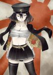  1girl akitsu_maru_(kantai_collection) black_hair hat hiba_(p-p-purin) kantai_collection midriff military military_uniform remodel_(kantai_collection) rising_sun sarashi short_hair solo sunburst thigh-highs uniform 