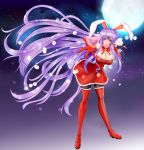  1girl absurdly_long_hair animal_ears bell black_legwear blush boots breasts carrying_over_shoulder cleavage collarbone floating_hair full_body full_moon fur_trim heart highres large_breasts long_hair moon open_mouth outstretched_arm over_shoulder pantyhose purple_hair rabbit_ears red_eyes reisen_udongein_inaba sack santa_boots santa_costume santa_gloves solo standing touhou very_long_hair 