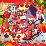  2girls animal_costume black_hair blue_eyes blue_hair boots capelet christmas geta heterochromia houjuu_nue multiple_girls polearm red_eyes reindeer_costume tatara_kogasa touhou trident umigarasu_(kitsune1963) weapon 