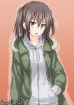  1girl anti_(untea9) bangs blush brown_eyes brown_hair casual cowboy_shot frown green_jacket hand_in_pocket highres hoodie jacket kantai_collection long_sleeves open_clothes open_jacket open_mouth orange_background sendai_(kantai_collection) short_hair simple_background solo twitter_username two_side_up zipper 