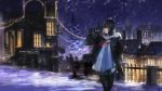  1girl artist_name bag bench black_hair black_jacket christmas_lights christmas_tree fence fur_trim jacket looking_at_viewer night night_sky open_clothes open_jacket original outdoors pants red_eyes sky snow snowing solo swd3e2 town window 