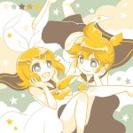  1boy 1girl blonde_hair blue_eyes bow chin_rest clouds color_guide dress hair_bow hair_ornament hairclip hands_on_own_cheeks hands_on_own_face kagamine_len kagamine_rin limited_palette nightcat open_mouth ponytail sailor_collar sailor_dress shorts smile star star-shaped_pupils symbol-shaped_pupils vocaloid 