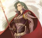  1girl armor armpits breasts cape character_name character_request cleavage fire_emblem fire_emblem:_souen_no_kiseki gauntlets green_hair long_hair nonji_(sayglo_halo) polearm smile solo spear violet_eyes weapon 