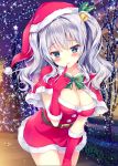  1girl blue_eyes blush breasts christmas cleavage gloves hat highres kantai_collection kashima_(kantai_collection) kimishima_ao large_breasts long_hair looking_at_viewer open_mouth santa_costume santa_hat silver_hair smile solo tsurime twintails wavy_hair 
