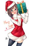  1girl :d animal_ears black_legwear blush brown_hair character_name commentary_request dated fang glasses green_eyes hat highres idolmaster idolmaster_cinderella_girls looking_at_viewer maekawa_miku merry_christmas mistrail open_mouth red-framed_glasses santa_costume santa_hat short_hair smile solo thigh-highs 