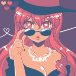  1girl breasts character_name cleavage color_guide hat heart heart-shaped_pupils heart_of_string jewelry limited_palette lips megurine_luka necklace nightcat pink_eyes pink_hair sunglasses symbol-shaped_pupils vocaloid 
