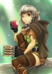  1girl apple arrow boots braid brown_eyes cloak daniel_macgregor dragon&#039;s_crown elf elf_(dragon&#039;s_crown) food fruit gloves pointy_ears quiver solo thigh-highs thigh_boots twin_braids 