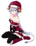  +_+ 1girl aqua_eyes atelier_(series) atelier_sophie bare_shoulders bell black_gloves black_legwear boots breasts cleavage collarbone commentary_request elbow_gloves gloves hat long_hair maromi_(am97) plachta puffy_short_sleeves puffy_sleeves santa_boots santa_costume santa_hat short_sleeves smile solo thigh-highs very_long_hair zettai_ryouiki 