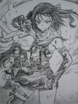  blood blood_from_mouth blood_on_face fighting_stance graphite_(medium) hair_down hair_ornament highres injury jintsuu_(kantai_collection) kantai_collection kneeling kojima_takeshi monochrome naka_(kantai_collection) one_eye_closed scarf sendai_(kantai_collection) traditional_media 