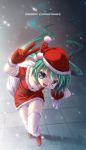  1girl arm_up christmas downblouse full_body gloves green_eyes green_hair hat hatsune_miku highres leaning_forward long_hair merry_christmas open_mouth sack santa_costume santa_hat shiragi snow solo thigh-highs twintails v vocaloid 