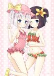  2girls ahoge ass bangs black_hair blinking blue_eyes blunt_bangs blush bow creative_commons floral_print flower frilled_panties frilled_swimsuit frills hair_flower hair_ornament hand_on_another&#039;s_shoulder highres holding_animal leg_up looking_at_viewer looking_back mony multiple_girls original panties pink_background pink_swimsuit polka_dot polka_dot_background polka_dot_swimsuit rabbit red_bow red_swimsuit short_hair short_twintails slippers smile strawberry_print suri swimsuit twintails underwear v white_bow white_hair yellow_bow yuri_(character) 