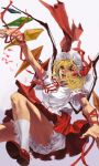  1girl blonde_hair fangs flandre_scarlet hat highres mary_janes mob_cap one_side_up petals red_eyes shoes simple_background solo thorx touhou white_background wings 