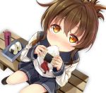  1girl black_legwear blush brown_eyes brown_hair eating folded_ponytail food from_above inazuma_(kantai_collection) kakao_rantan kantai_collection long_hair looking_at_viewer looking_up onigiri open_mouth school_uniform serafuku sitting skirt socks solo 