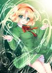  1girl :d bangs blazer blonde_hair buttons collared_shirt cowboy_shot curly_hair eyebrows eyebrows_visible_through_hair glasses green green_background green_eyes green_jacket green_skirt hairband highres hououji_fuu jacket lace-trimmed_skirt legs_together long_sleeves looking_at_viewer magic_knight_rayearth mikazuki_sara neck_ribbon open_mouth parted_bangs pleated_skirt red_ribbon ribbon school_uniform shirt short_hair skirt skirt_set smile solo visible_air white_shirt wind 