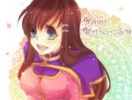  1girl belt blue_eyes blush breasts brown_hair choker cleavage dated error hair_ornament hairclip happy_birthday jacket long_hair open_mouth shoulder_pads sidelocks solo sophia_esteed star_ocean star_ocean_till_the_end_of_time upper_body yumikun 