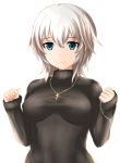  1girl absurdres anastasia_(idolmaster) blue_eyes blush breasts highres idolmaster idolmaster_cinderella_girls jewelry necklace ribbed_sweater short_hair silver_hair smile solo sweater yoshimo 