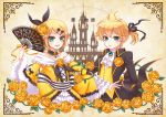  1boy 1girl aku_no_meshitsukai_(vocaloid) aku_no_musume_(vocaloid) blonde_hair blue_eyes bow brooch brother_and_sister castle choker cravat dress fan flower folding_fan hair_bow hair_flower hair_ornament hair_ribbon hairclip jewelry kagamine_len kagamine_rin nightcat ponytail ribbon rose siblings smile vines vocaloid wide_sleeves yellow_rose 