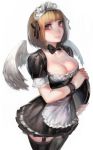  1girl aoin blonde_hair borrowed_character breasts brown_eyes cleavage garter_straps highres large_breasts maid maid_headdress original short_hair skirt solo thigh-highs tray wings wrist_cuffs 